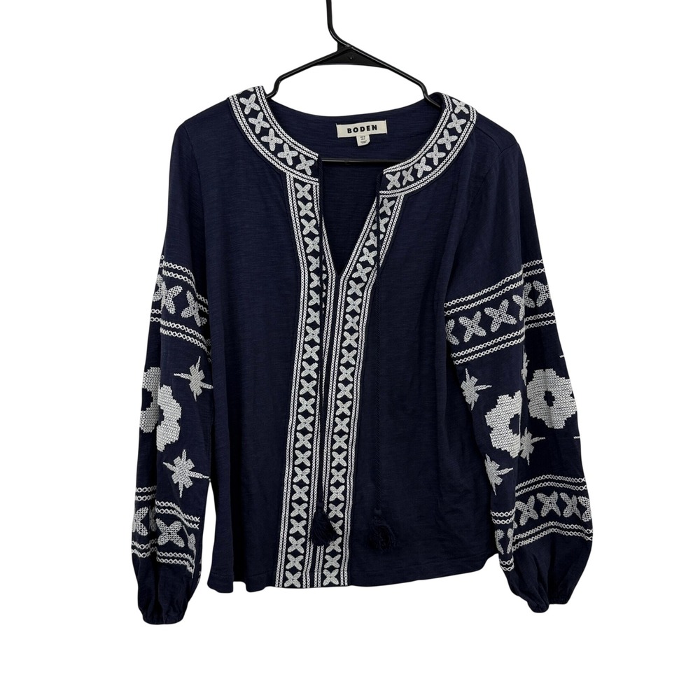 Boden Top Womens 6 Blue Embroidered Cotton Tassel Tie Long Sleeve Peasant Blouse